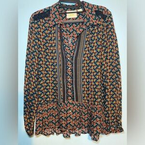 Maeve by anthropologie Vibrant Floral Blouse with Black and Orange Accents